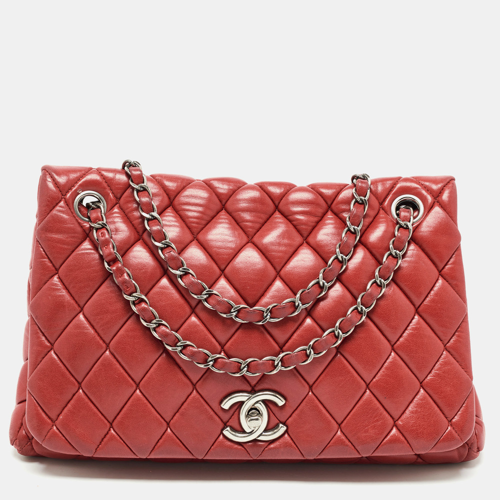 CHANEL Red Bubble Quilted Leather Flap Shoulder Bag - Picture 1 of 8